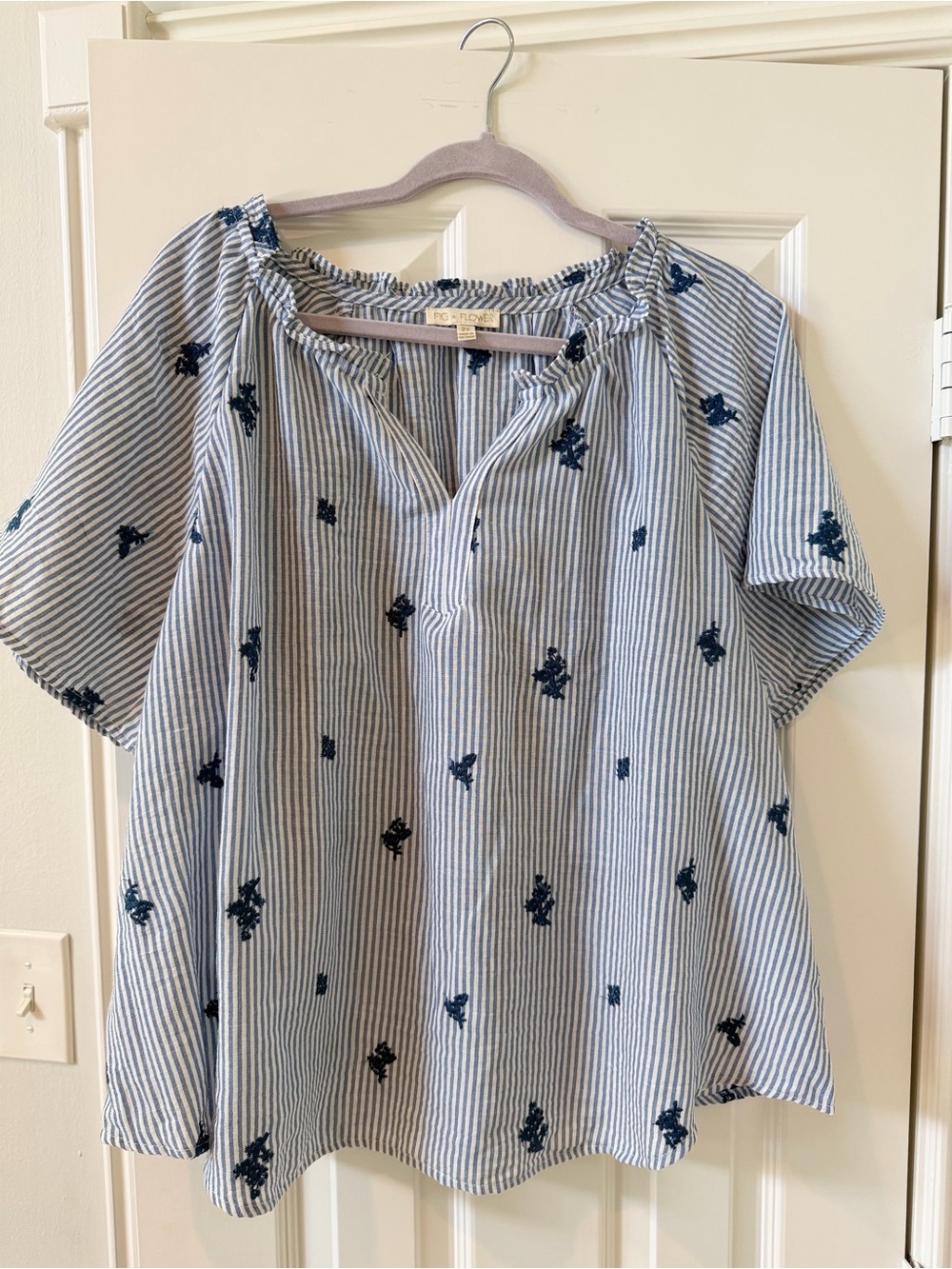 Striped Blue Embroidered Peasant Blouse